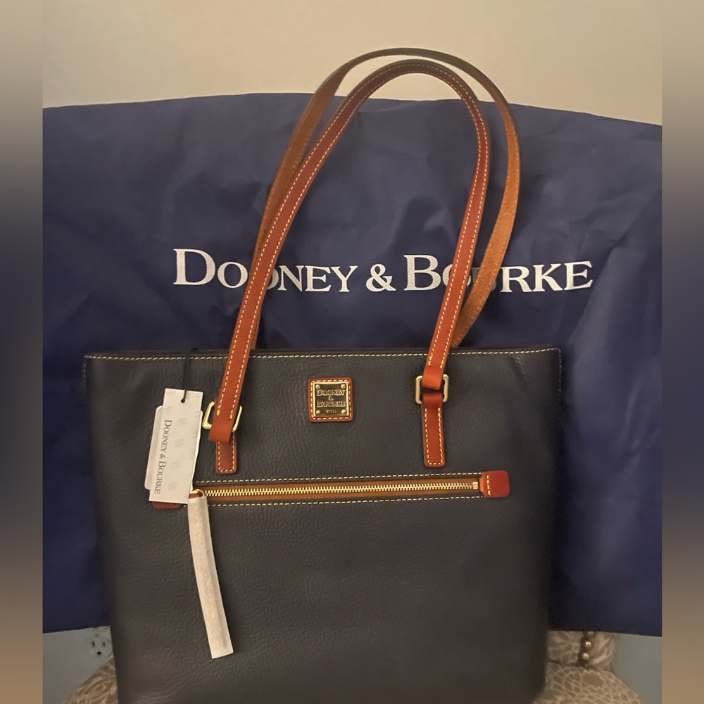 Dooney & Burke navy blue & camel tan tote- brand new w/ tags, never used